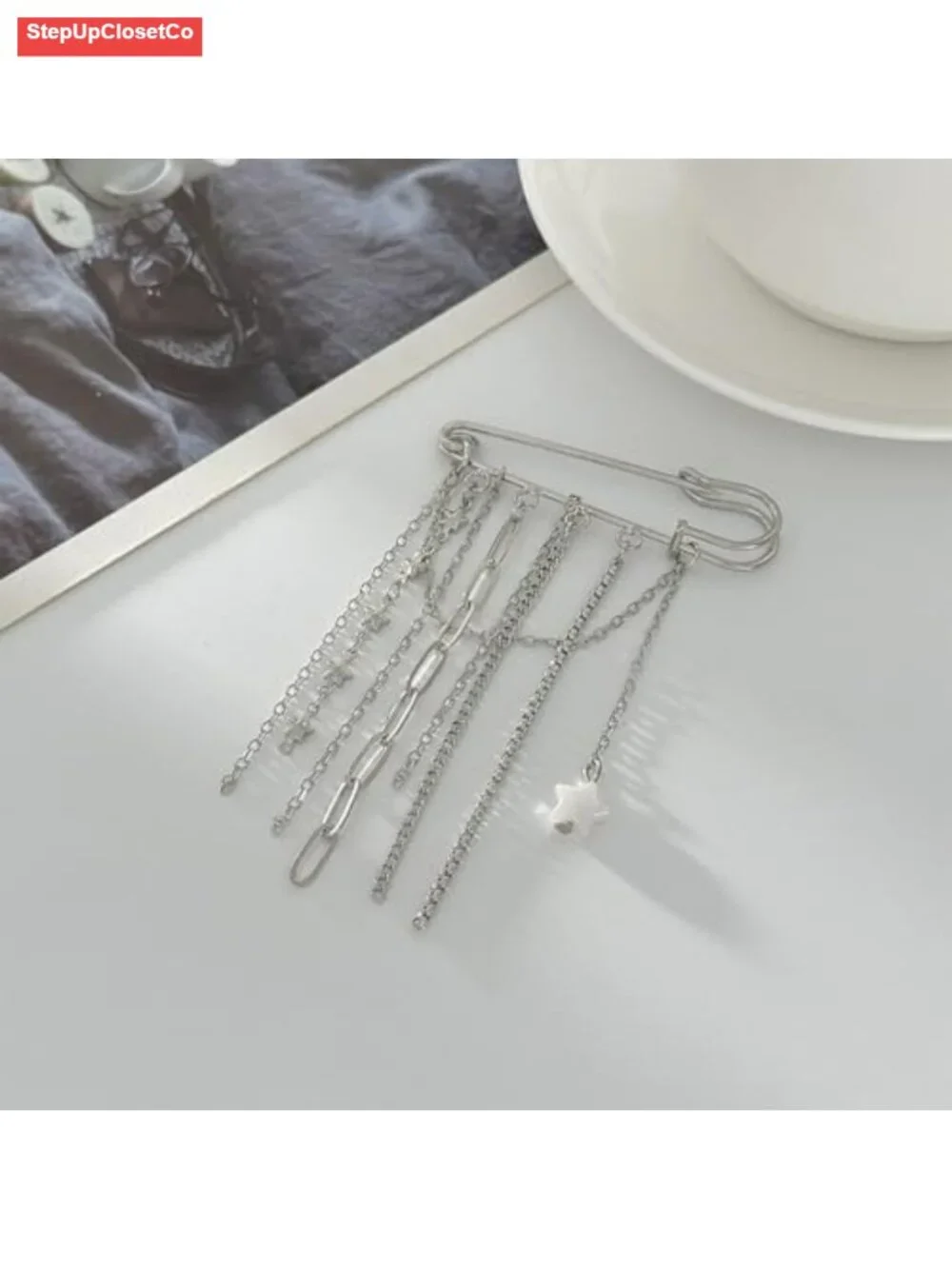 Vintage Silver Heart Star Chain Collar Brooch Pins Women Funky Y2K Beads Tassel